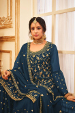 Party Wear Stone Embroidered Lehenga in Georgette Teal Blue