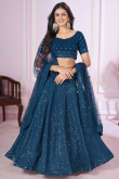 Embroidered Georgette Teal Blue Panelled Style Lehenga