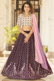 Wine Maroon Party Wear Resham Embroidered Lehenga in Georgette