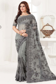 Embroidered Grey Net Saree With Net Blouse
