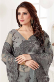 Embroidered Grey Net Saree With Net Blouse