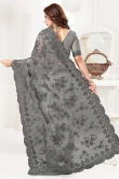 Embroidered Grey Net Saree With Net Blouse