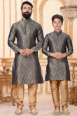 Embroidered Jacquard Dark Grey Father-Son Duo Kurta With Churidar