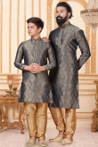 Embroidered Jacquard Dark Grey Father-Son Duo Kurta With Churidar