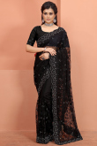 Black Net Saree for Wedding Wear with Thread embroidery