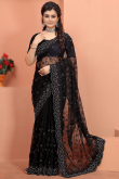 Black Net Saree for Wedding Wear with Thread embroidery
