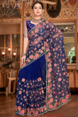 Embroidered Net Blue Saree