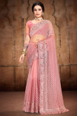 Blush Pink Party Wear Stone Embroidered Saree in Net