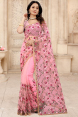 Embroidered Net Bubble Gum Pink Saree