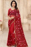 Embroidered Net Cherry Red Saree