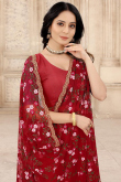 Embroidered Net Cherry Red Saree
