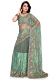 Party Wear Thread Embroidered Dusty Green Saree in Net
