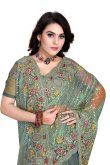 Party Wear Thread Embroidered Dusty Green Saree in Net