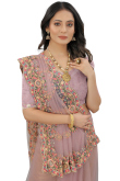 Net Dusty Pink Thread Embroidered Party Wear Saree