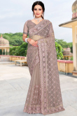 Grey Beige Woven Mehndi Saree in Net