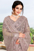 Grey Beige Woven Mehndi Saree in Net