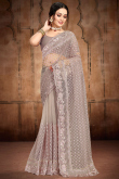Thread Work Grey Beige Saree in Net for Party 