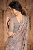 Thread Work Grey Beige Saree in Net for Party 