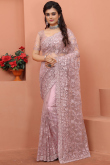 Light Pink Woven Net Saree for Party 
