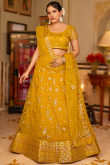 Embroidered Net Mustard Yellow Panelled Style Lehenga