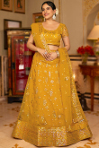 Embroidered Net Mustard Yellow Panelled Style Lehenga
