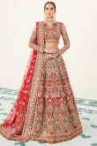 Bridal Wear Stone Embroidered Red Lehenga in Net