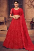 Net Lehenga with Stone Embroidery in Red for Sangeet