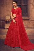 Net Lehenga with Stone Embroidery in Red for Sangeet