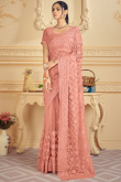 Embroidered Net Salmon Peach Saree