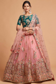 Embroidered Net Salmon Pink Lehenga