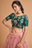 Embroidered Net Salmon Pink Lehenga