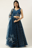 Teal Blue Party Wear Zari Embroidered Lehenga in Net