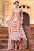 Embroidered Net Trouser Suit In Peach Colour
