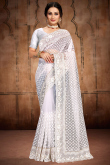 Saree for Party Wear in Net White with Resham embroidery