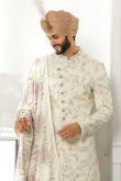 Embroidered Off-White Art Silk Churidar Men Sherwani