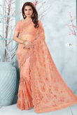 Embroidered Peach Net Saree With Net Blouse