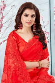 Embroidered Red Net Saree With Net Blouse