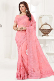 Embroidered Rose Pink Net Saree With Net Blouse