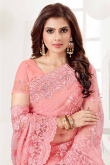 Embroidered Rose Pink Net Saree With Net Blouse