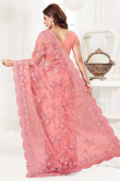 Embroidered Rose Pink Net Saree With Net Blouse
