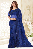 Embroidered Royal Blue Net Saree With Net Blouse
