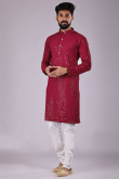 Embroidered Ruby Red Rayon Straight Cut Men Kurta Pajama
