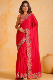 Embroidered Ruby Red Tussar Silk Light Weight Saree 