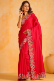 Embroidered Ruby Red Tussar Silk Light Weight Saree 
