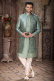 Embroidered Sage Green Dupion Silk Jacket Style Men's Sherwani 