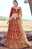 Embroidered Satin Deep Red Lehenga