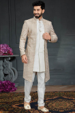 Embroidered Silk Light Beige Men Sherwani