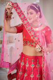Embroidered Taffeta Silk Ruby Red Panelled Style Lehenga