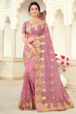 Embroidered Taffy Pink Net Designer Party Wear Saree