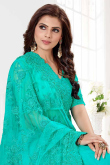 Embroidered Turquoise Blue Net Saree With Net Blouse